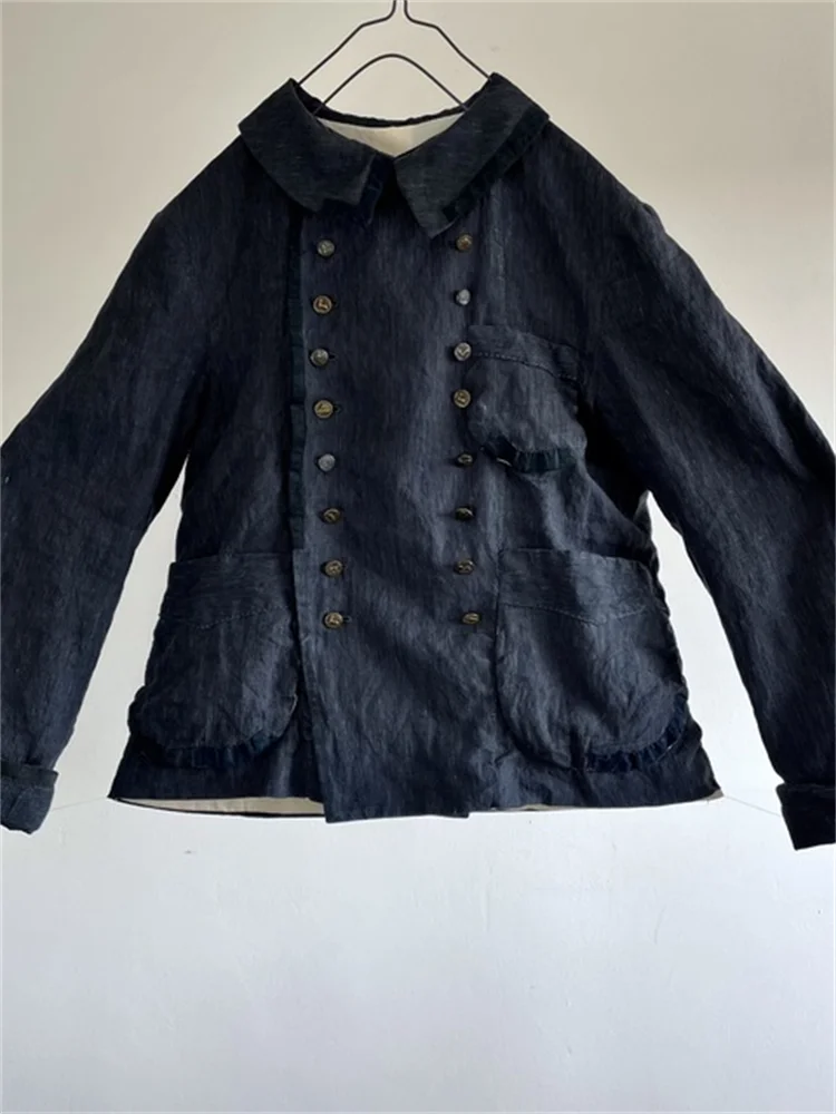Vintage Zweireihige Jacke aus Leinenmischung mit mehreren Taschen