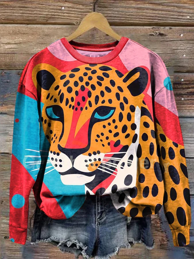 Vintage Art Leopard Casual Crew-neck Sweatshirt