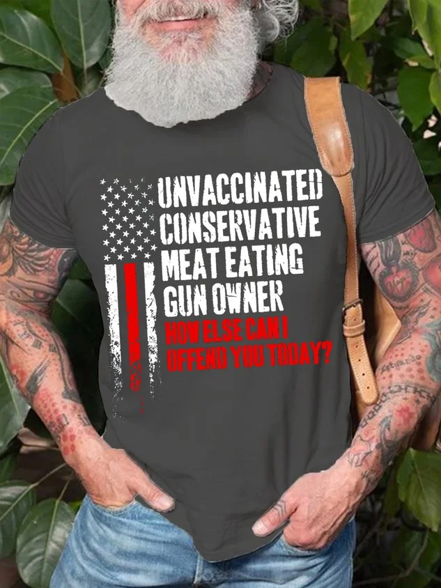 Mens Unvaccinated Conservative Meat Eating Gun funny Casual Cotton Short Sleeve T-Shirt socialshop