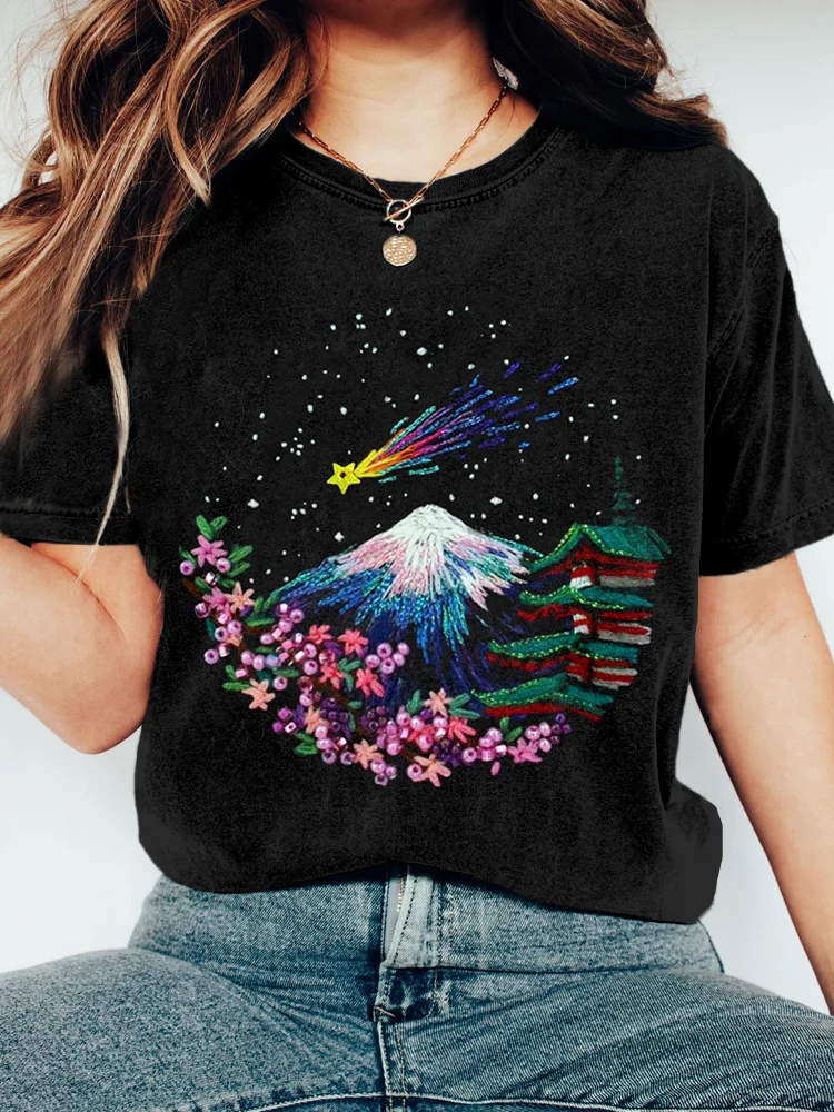 Japanese Fuji Mountain Embroidery Art Vintage T Shirt
