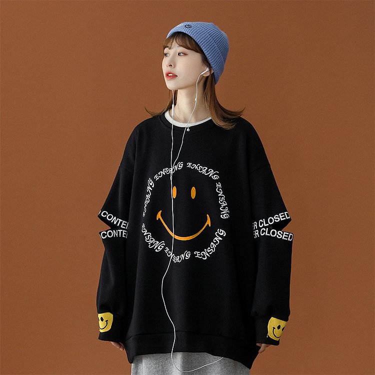 Smiley Letters Print Loose Sweatshirt - Modakawa Modakawa
