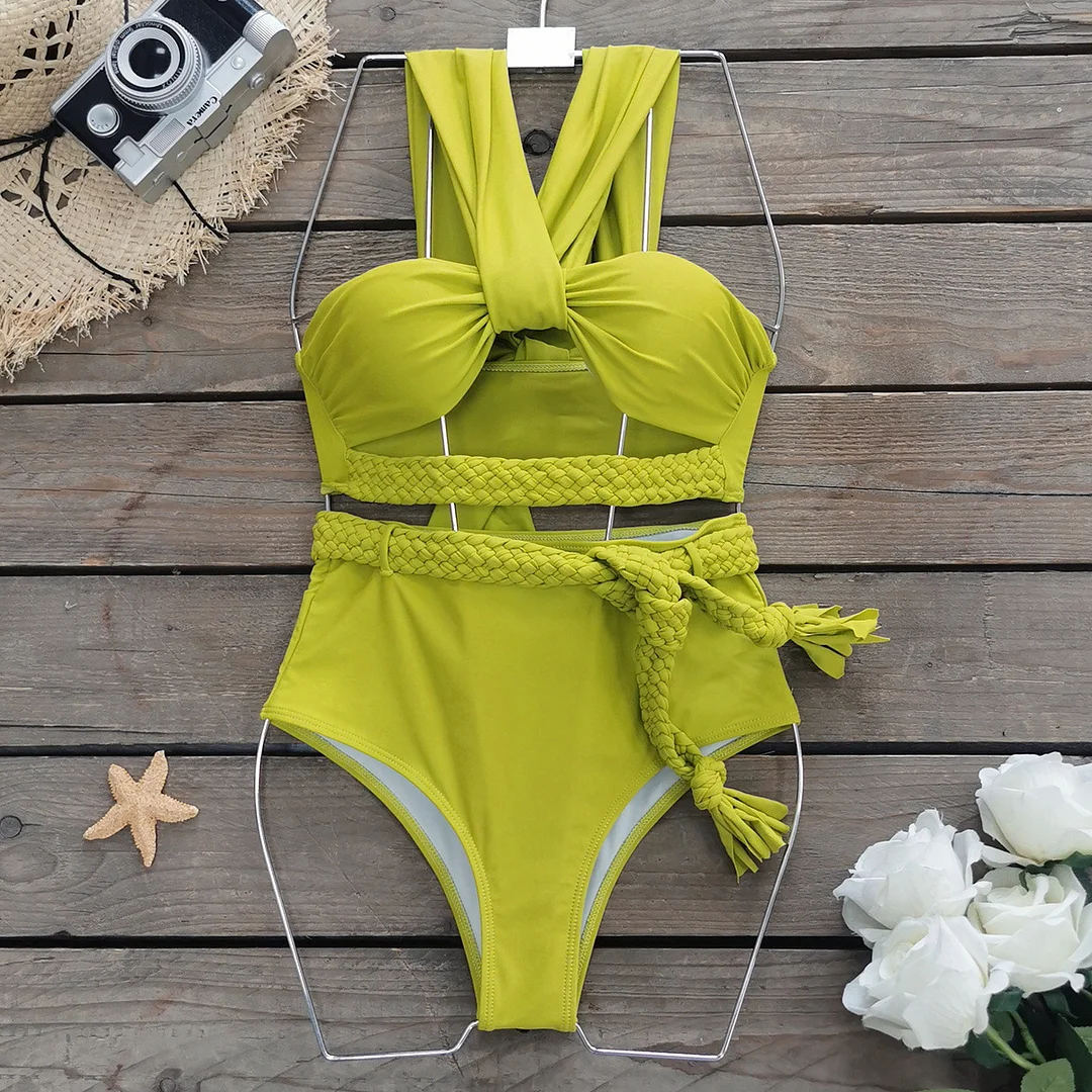 Uveng Solid Color Choreette Tied High-Waisted Bikini INS Split Swimsuit Women 2025 New Bikini