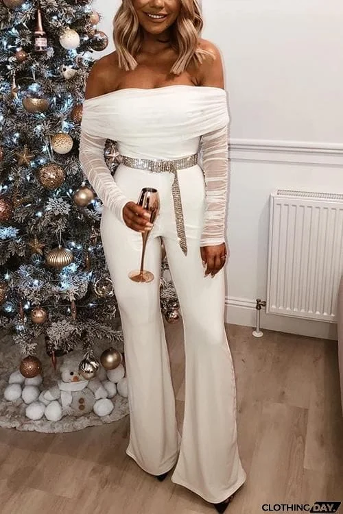 Off Shoulder Mesh Sleeve Flares Jumpsuit