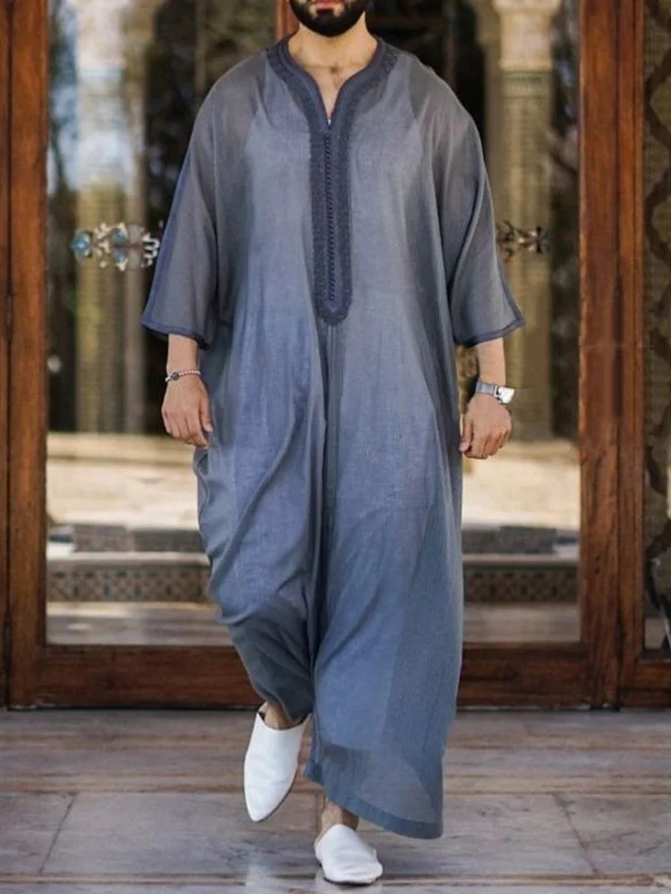 Muslim Solid Grey Cotton Linen Long Shirt Robe