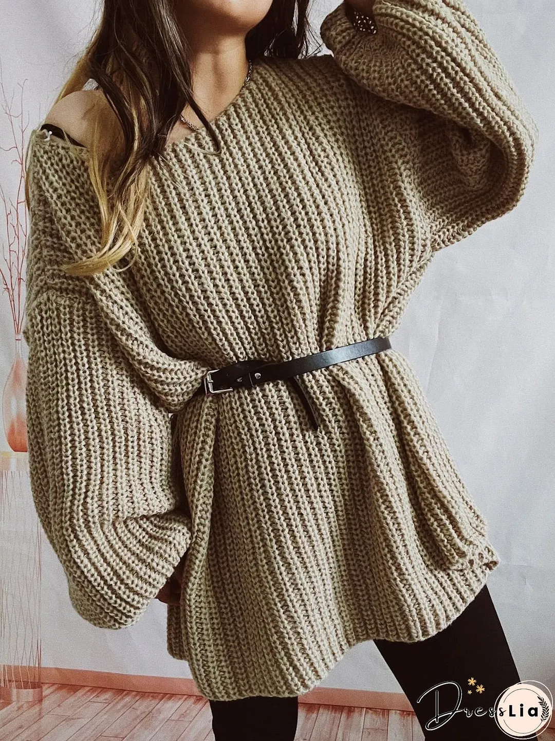 Boat Neck Long Sleeve Sweater with Belt
