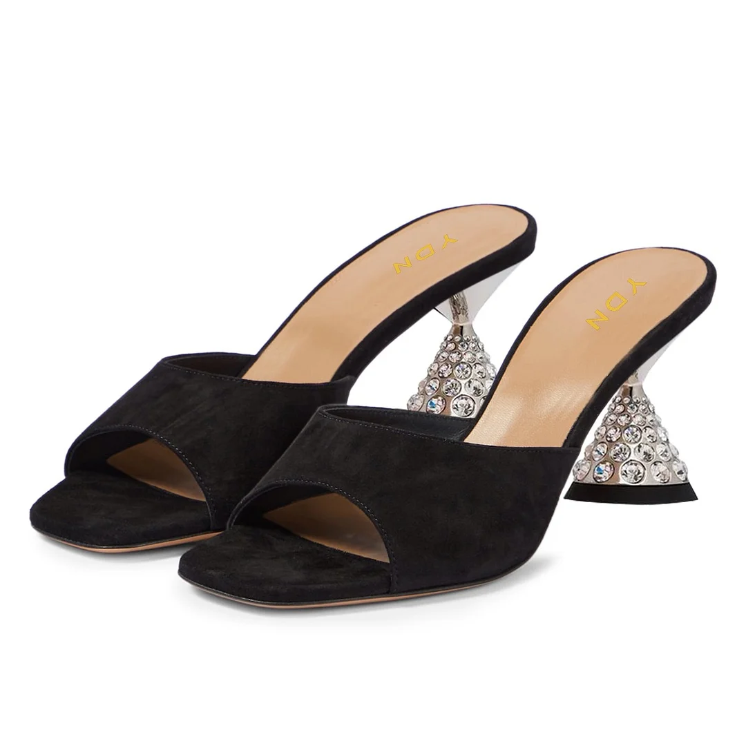 Elegant Black Open Square Toe Rhinestone Embellished Mule Heels