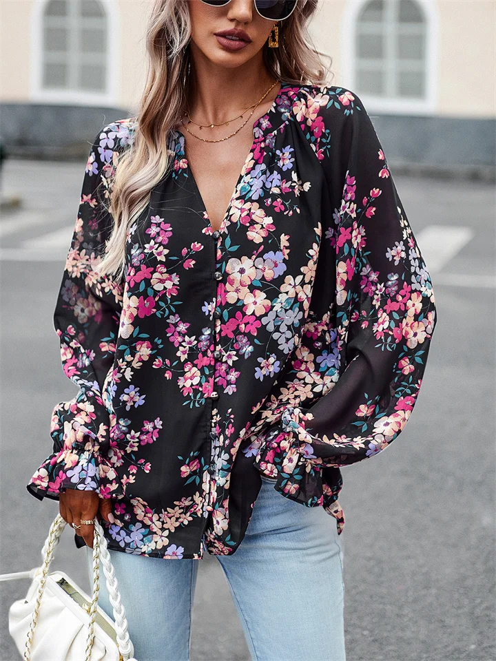 Hot Sale Long-sleeved Flared Sleeve Loose Type V Collar Shirt Female Fall Temperament Elegant Floral Blouse-Cosfine