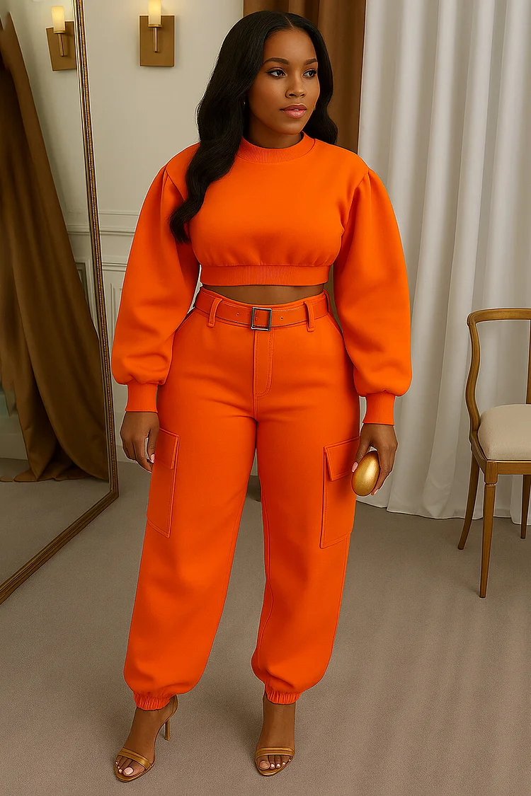 Crop Sweatshirt Pocket Trousers Pants Solid 2pcs Set-Orange [Pre Order]