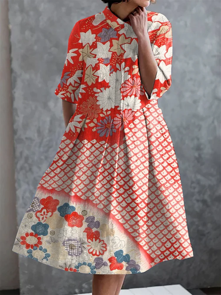 Retro Japanese Totem Print Casual Elegant Pocket Half Sleeve Dress