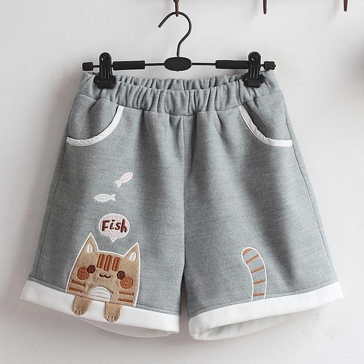 Cat Fish Embroidery Cotton Shorts - Modakawa