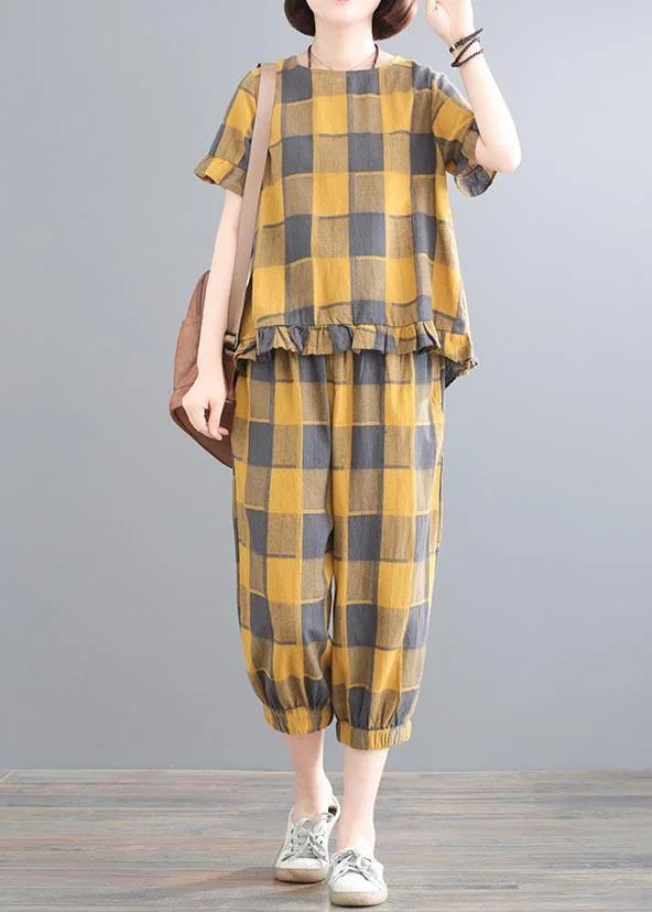 Boutique Yellow Plaid Ruffled Two Pieces Set Summer Linen
