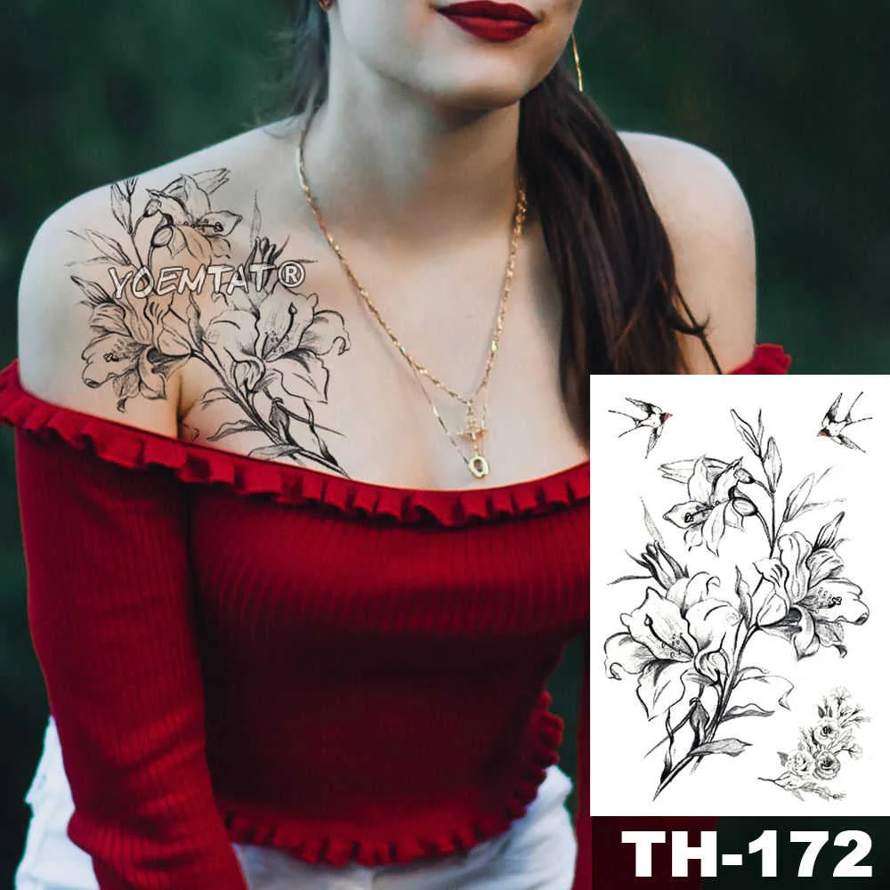 Heart shaped Clock Jewel Rose Waterproof Temporary Tattoo Sticker Black Arm Back Flowers Big Tatto Body Art Fake Tatoo For Women