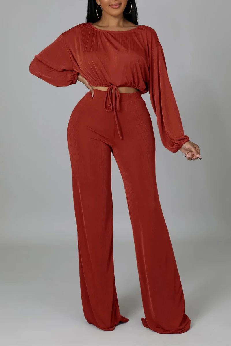 Red Casual Solid Split Joint O Neck Long Sleeve Two Pieces