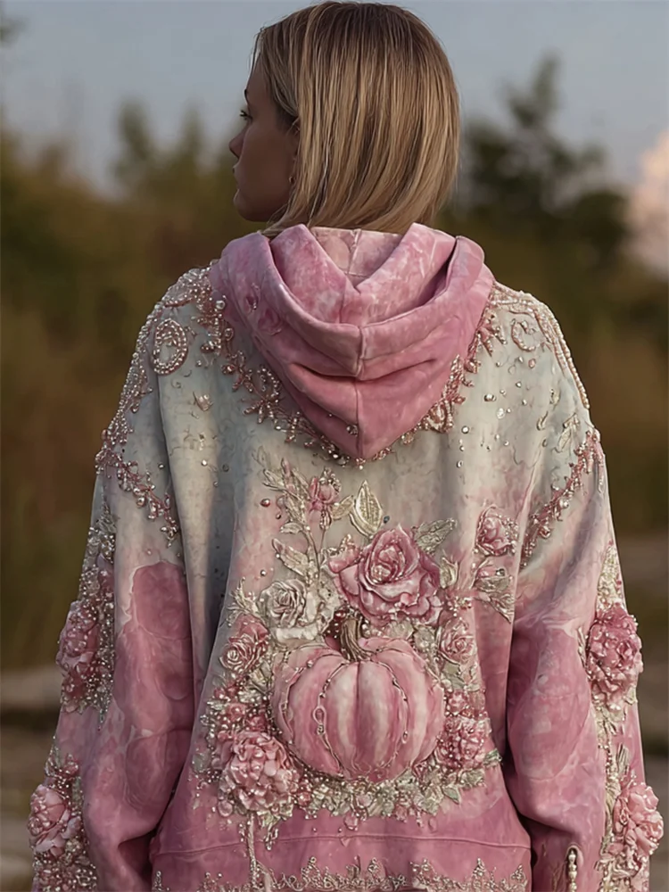 Thanksgiving Pink Pumpkin Floral Glitter Beaded Gradient Hoodie