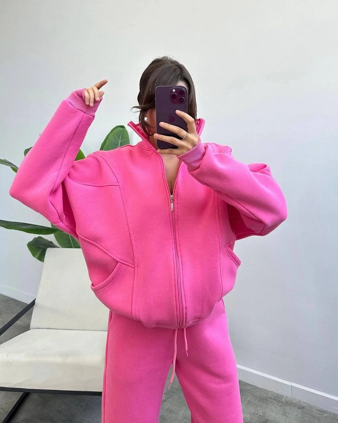 Nigikala Nigikala Women's Plus Velvet Set Fashion Simple Long-Sleeved Sweater Pure Color Sports Suit Women