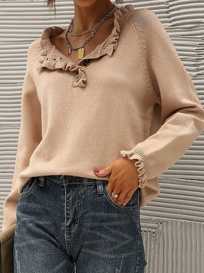 Casual Long Sleeve Button Ruffle Sweater
