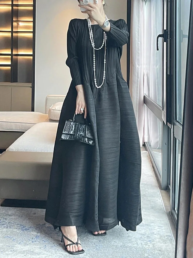 Elegant Green Patchwork Tailoring Hem Long Sleeve Pleated Dress