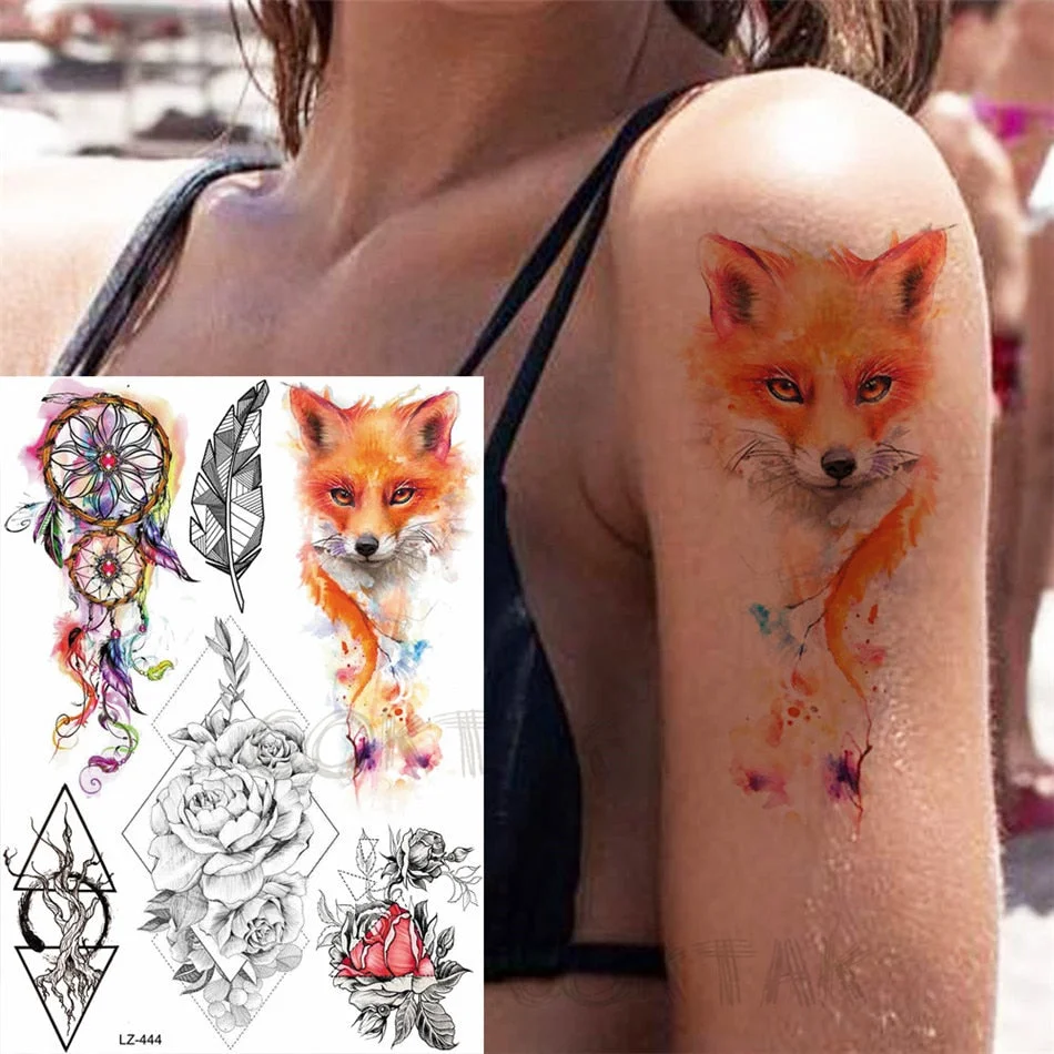 Realistic Fake Black Animal Temporary Tattoos Sticker For Men Women Geometric Wolf Outer Space Tatoo Temporary Decal For Kids