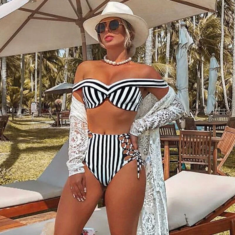 Striped Swimsuit High Waist Bikini Set Off Shoulder Swimwear Women Lace Up Bathing Suit Sexy Two-Piece Suit