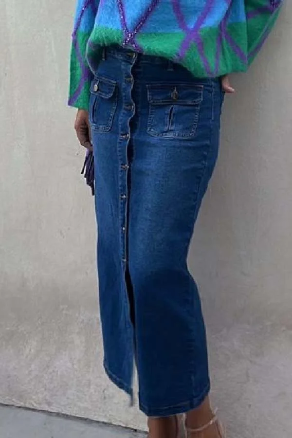 Dunev High Rise Pocket Button Belt Slit Denim Skirt