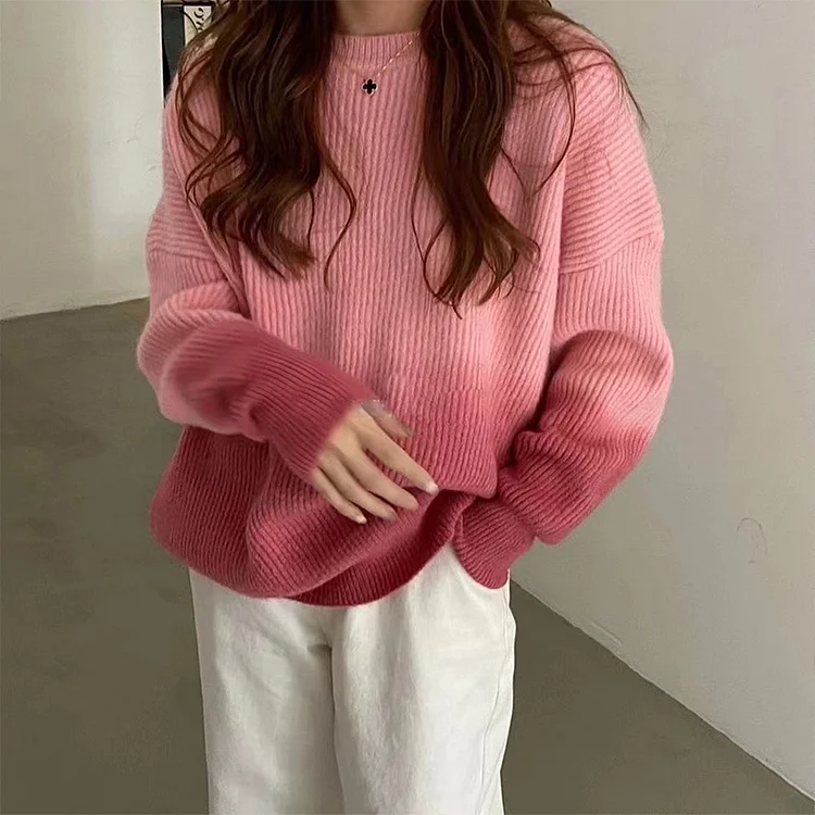 Literary Gradient Color Round Neck Knit Sweater