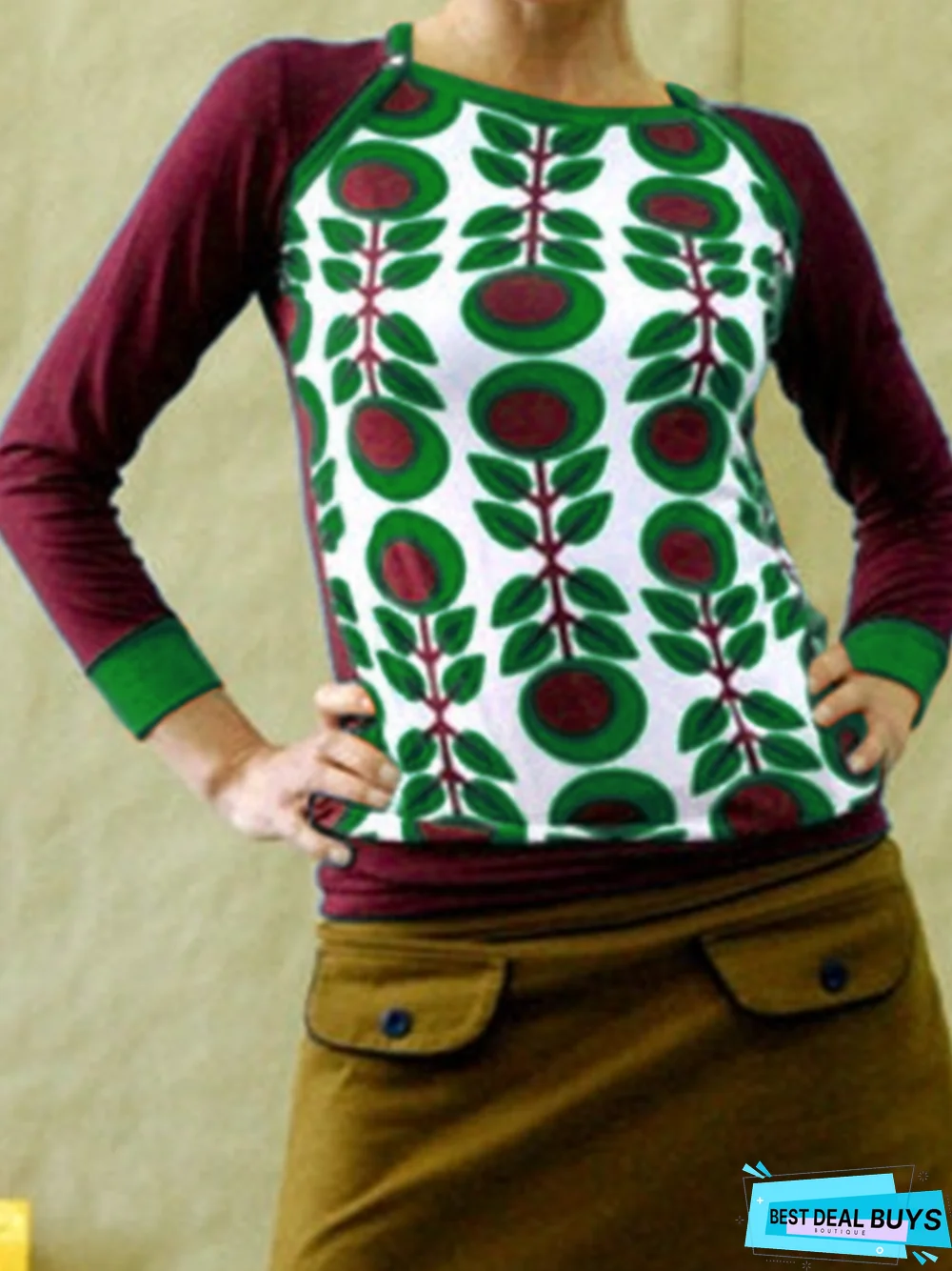 Casual Long Sleeve Floral-Print Crew Neck T-shirt