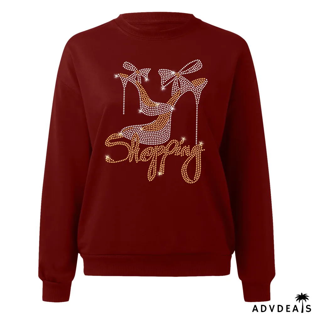 Diamond-studded Long-sleeved Casual Loose Round Neck Sweater