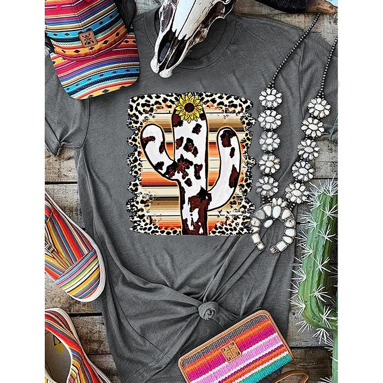 PSL - Cow Cactus Sunflower Leopard Striped T-Shirt-02066