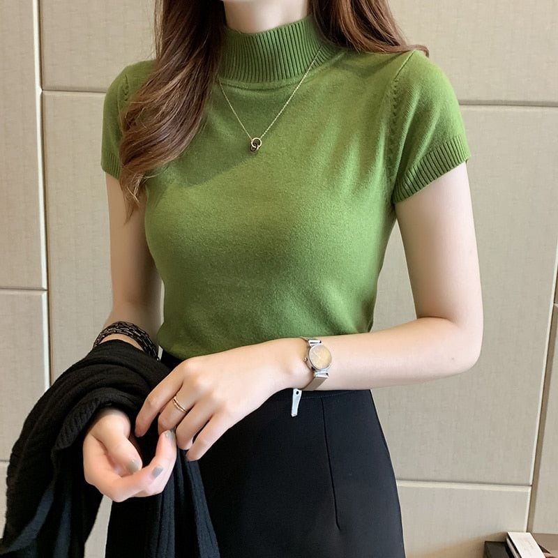Korean Knitted Turtleneck Blouse Women 2021 Summer Solid Slim Casual Clothing Women Short Sleeve Top Blusa Mujer De Moda 8622 50