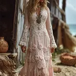 Vintage Boho Roses Lace Art Linen Maxi Dress - Image 2