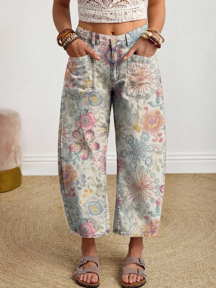Women's Retro Floral Art Print Casual Pocket Cotton Pants