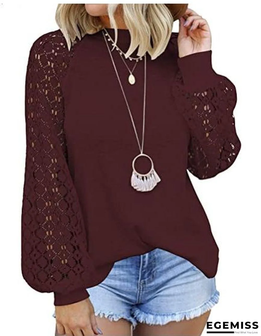 New Round Neck Long Sleeve Lace Patchwork Blouse for Women | EGEMISS
