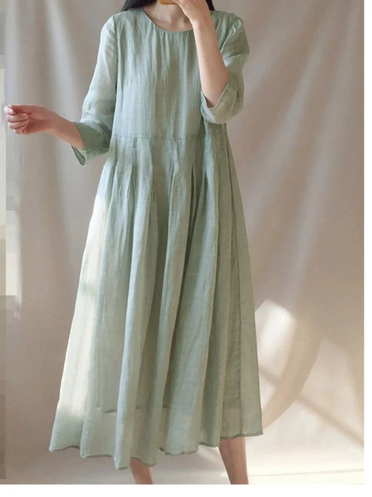 Fashion Casual Elegant Retro Loose Cotton Linen Casual Midi Dress