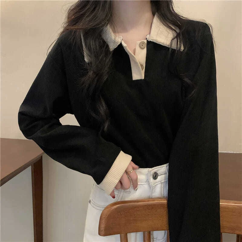 Uveng Uveng 2023 New Thin Lapel POLO Long-Sleeved T-Shirt Women's Versatile Show Thin Ins With Student Top Fashion