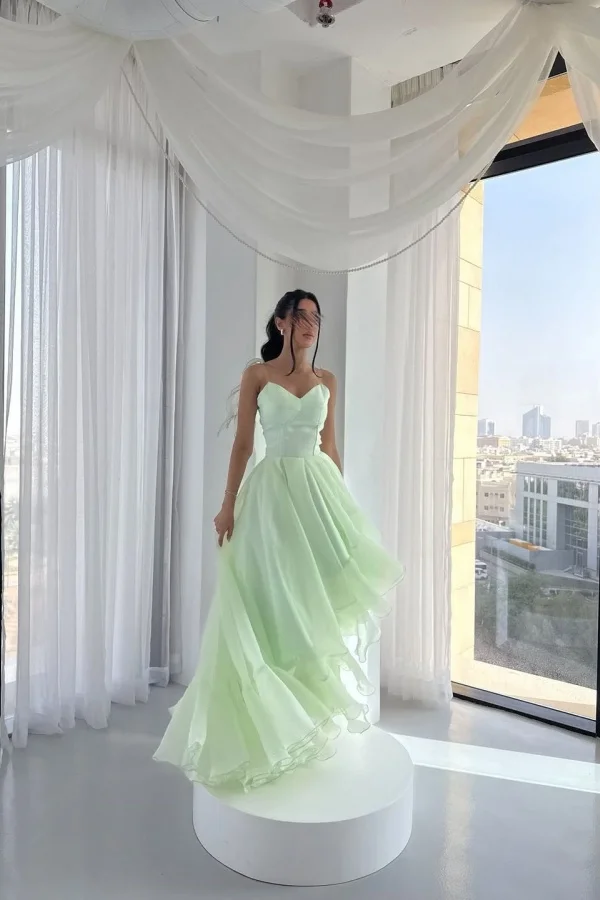 Dreamy Sage Spaghetti-Straps Sleeveless High-low Tulle Prom Dress YK0113
