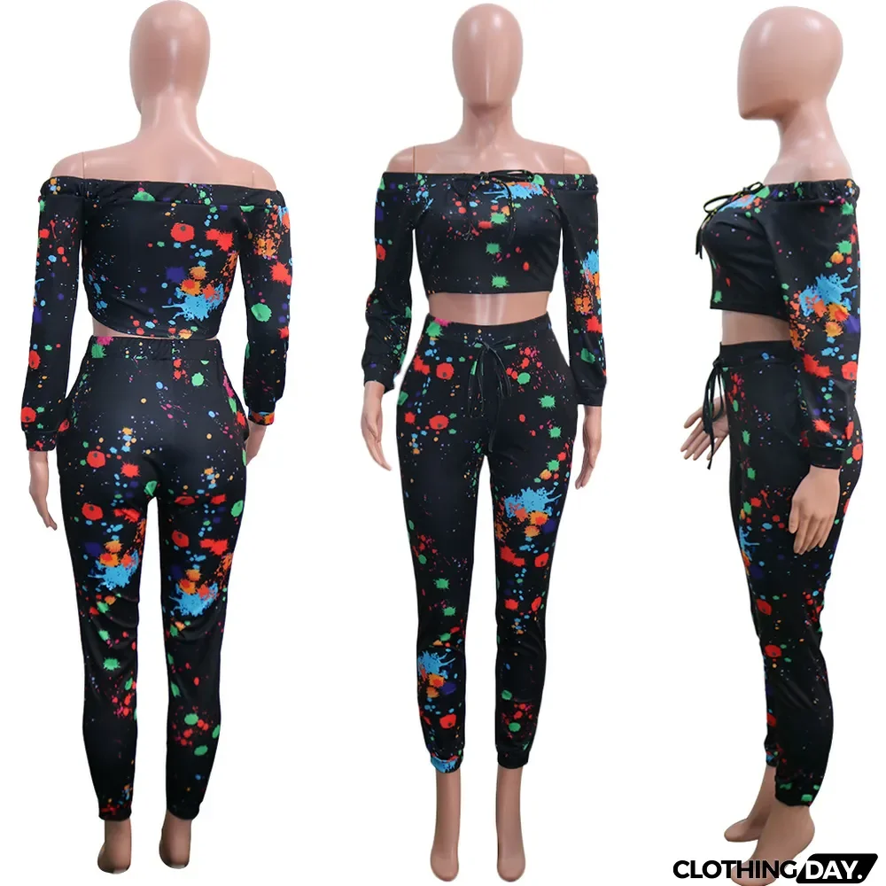 Casual Printed Off Shoulder Long Sleeve 2 Piece Suits