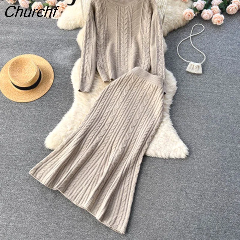 Churchf Women Knitted Sets French Senior O Neck knit Top+Long Fashtail Skirt Fashion Thick Sweater Two Pieces Suits