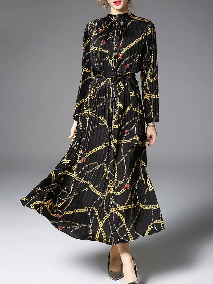 Stand-up Collar Pleated Loose Print Dress