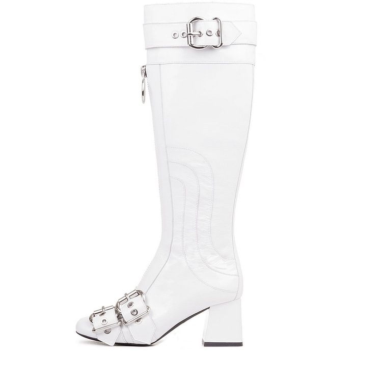 White Buckles Square Toe Block Heels Long Boots Zipper Knee High Boots |FSJ Shoes