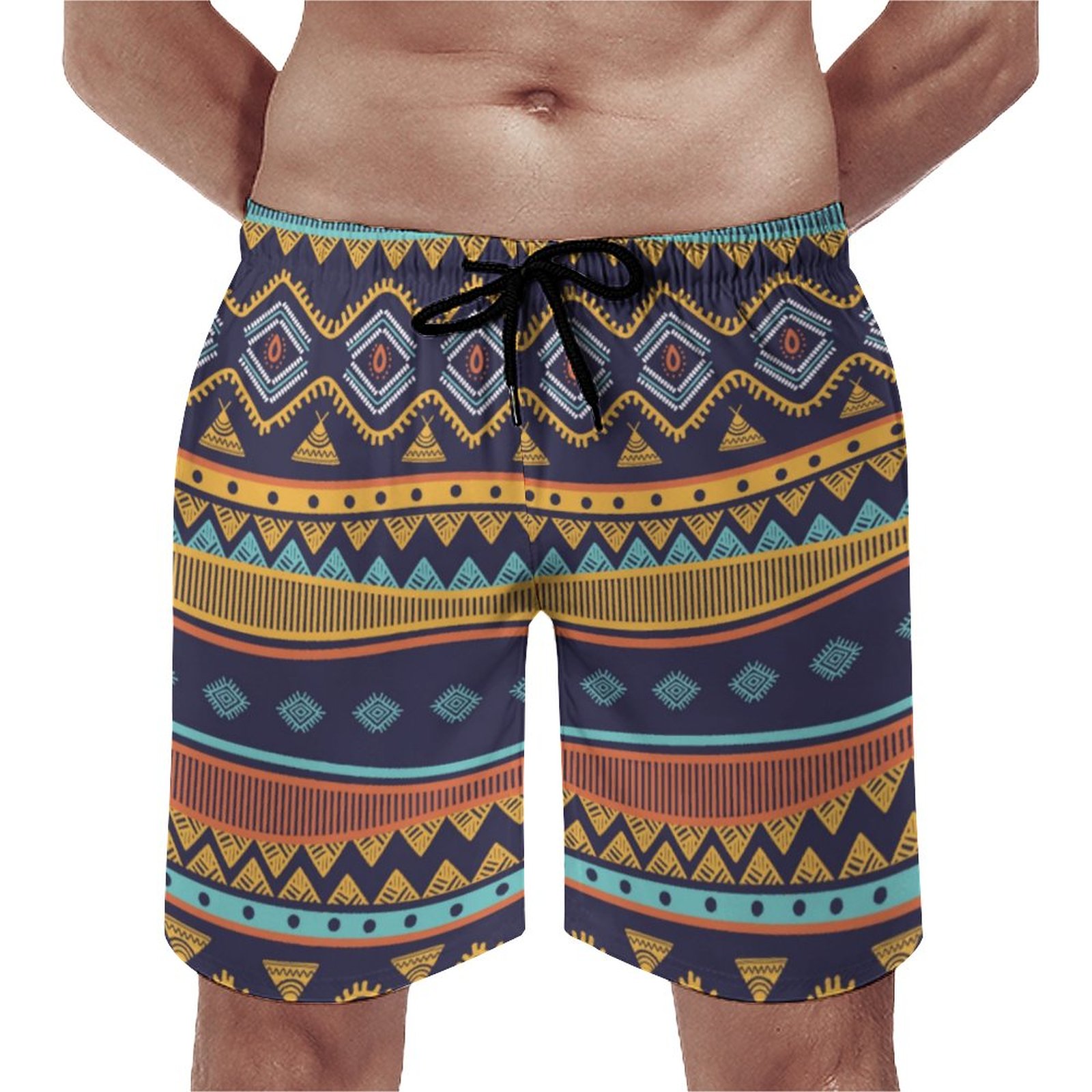 Navy Blue Teal Yellow Boho Tribal Pattern Elegant Men's Swim Trunks Summer Board Shorts Quick Dry Beach Short with Pockets