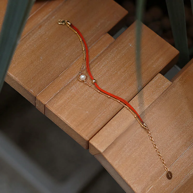 Luck Red String 14K Gold Plated Pearl Bead Double Layer Bracelet