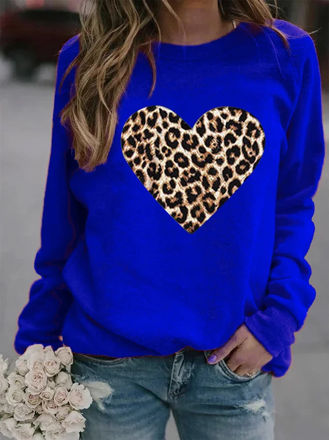Uveng Round Neck Leopard Print Heart Printing Hooded Veet Coats