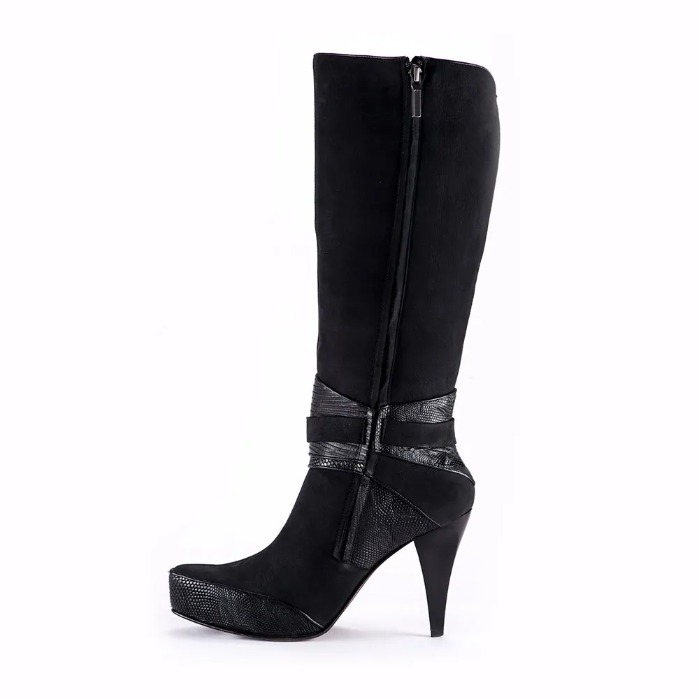 Black Closed Toe Cone Heel Knee-High Platform Boots Women