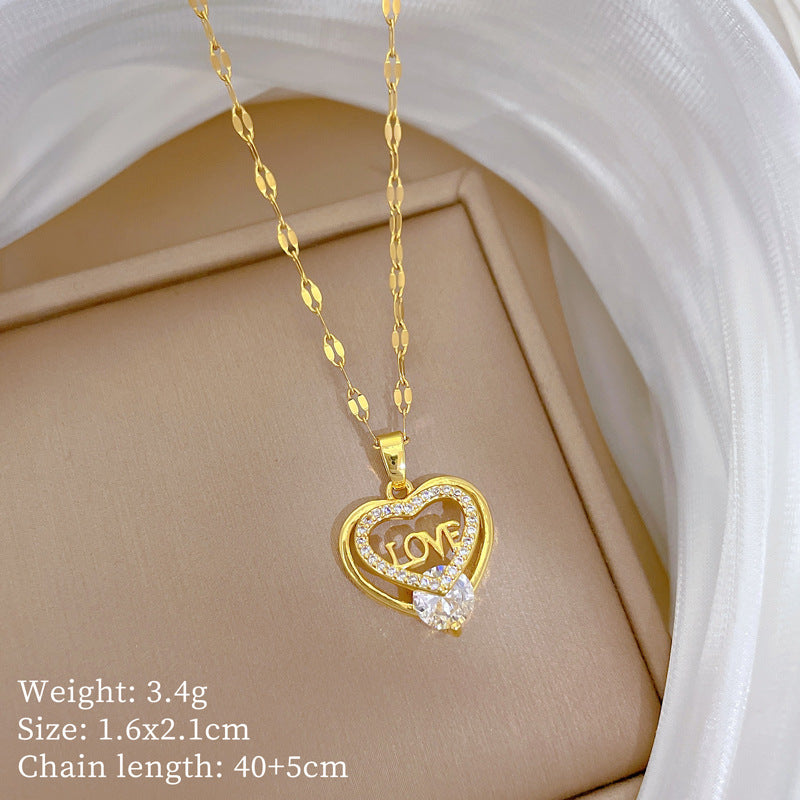 Copper Micro-Inlaid Heart Fashion Gorgeous Full Diamond Necklace Women’S Versatile Clavicle Chain Titanium Steel