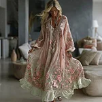 Women's Vintage Floral In Gradient Art Flowy Linen Blend Casual Long Sleeve Maxi Dress - Image 2