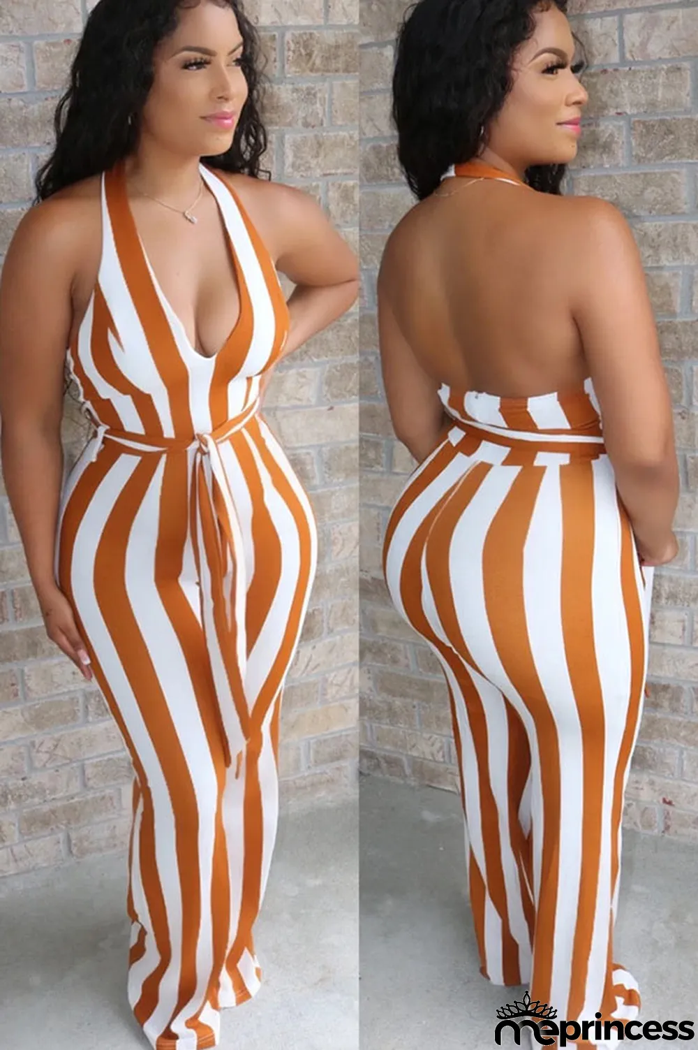 Black Fashion street Striped Backless Polyester Sleeveless V Neck Jumpsuits