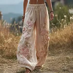 Bohemian Retro Style Plant Flower Design Women's  Linen Casual Long Pants - Image 2