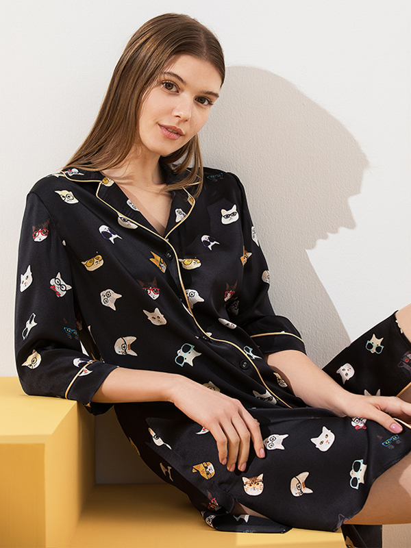 22 Momme Cute Kitty Printed Silk Pajamas REAL SILK LIFE