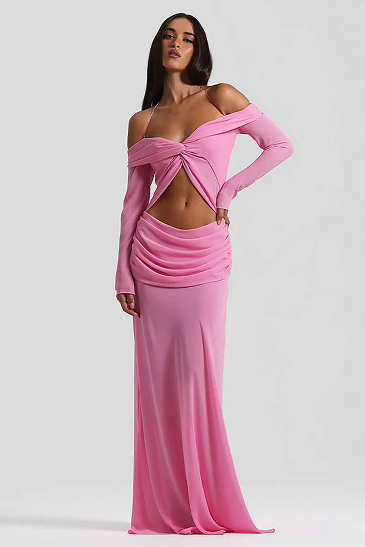 Off Shoulder Twisted Long Sleeve Cutout Ruched Semi Sheer Maxi Dresses-White