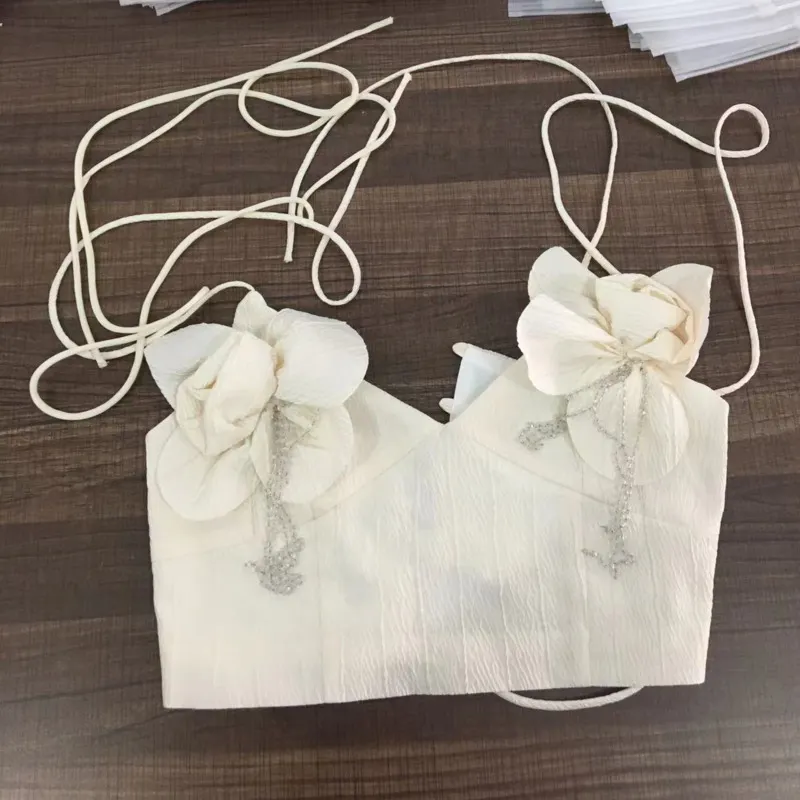 Fall Sleeveless Drawstring Bow Rhinestone Beadings Tassel Beige Camisole Women Gc709
